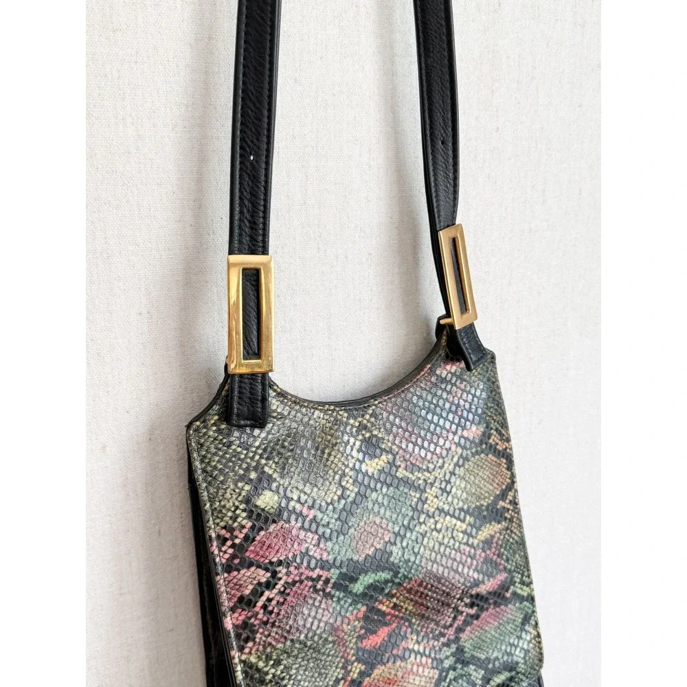 Vintage Bags by Pinky Snakeskin Crossbody Bag Small Black Multi Leather Gold
